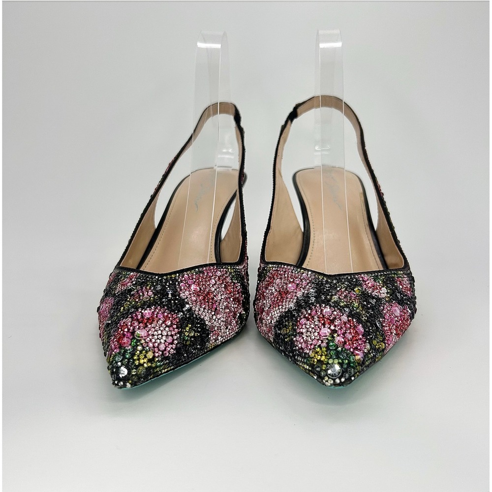 Betsey Johnson Clark Rhinestone Floral Slingback Pumps Black Pink Heels 10 NWOT - Picture 5 of 12